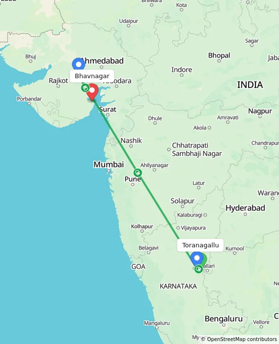 Route map showing distance and travel time from Toranagallu, India to Bhavnagar, India