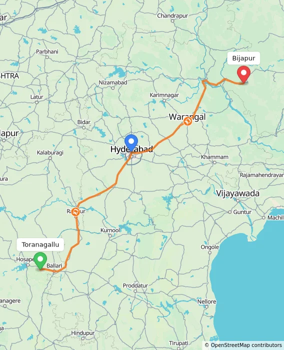 Route map showing distance and travel time from Toranagallu, India to Bijapur, India