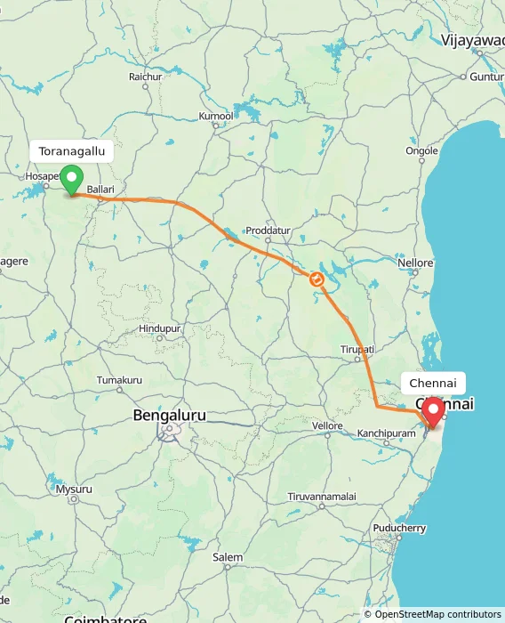 Route map showing distance and travel time from Toranagallu, India to Chennai, India