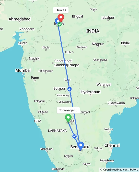 Route map showing distance and travel time from Toranagallu, India to Dewas, India
