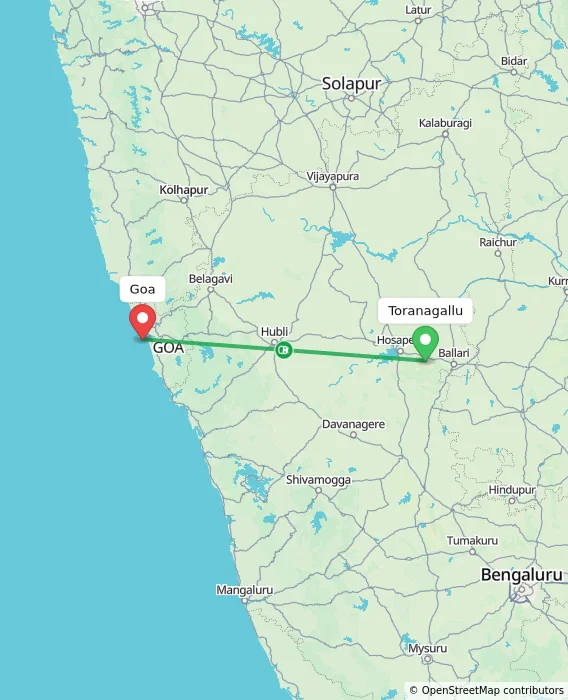 Route map showing distance and travel time from Toranagallu, India to Goa, India