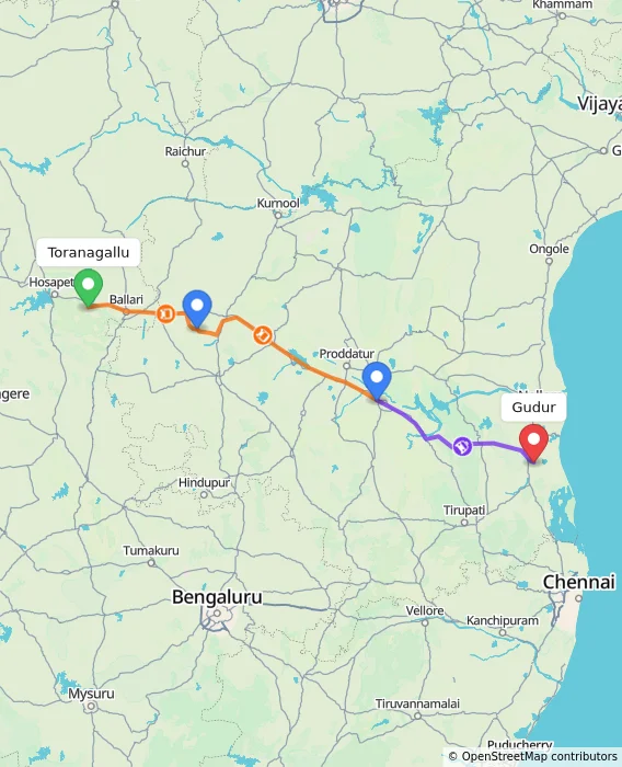 Route map showing distance and travel time from Toranagallu, India to Gudur, India