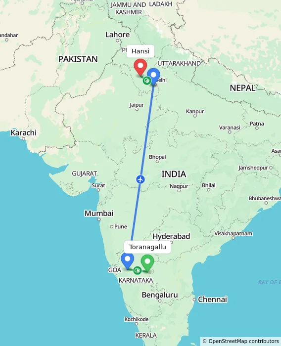 Route map showing distance and travel time from Toranagallu, India to Hansi, India