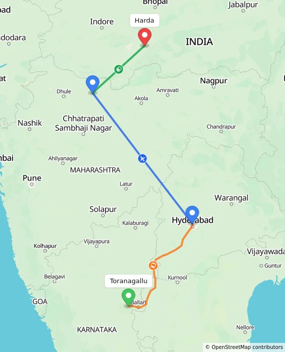 Route map showing distance and travel time from Toranagallu, India to Harda, India