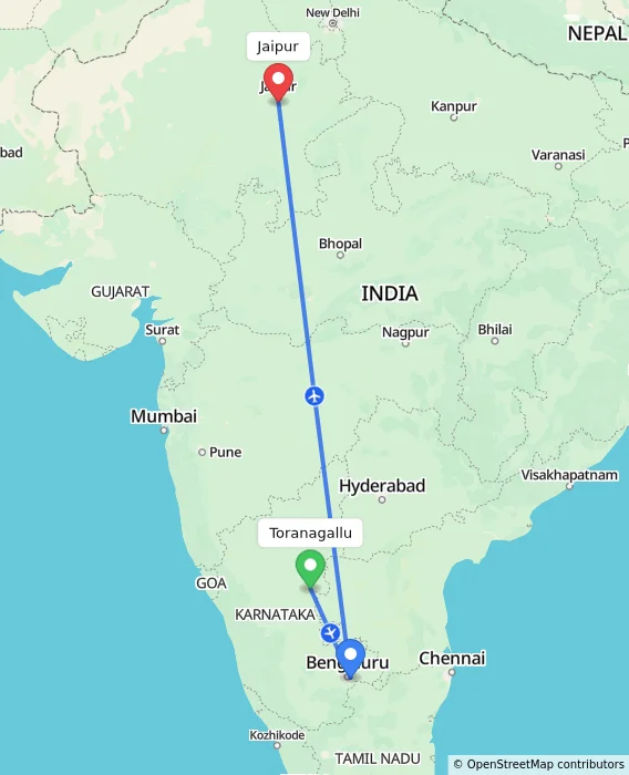 Route map showing distance and travel time from Toranagallu, India to Jaipur, India