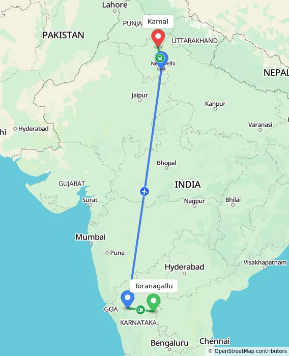 Route map showing distance and travel time from Toranagallu, India to Karnal, India