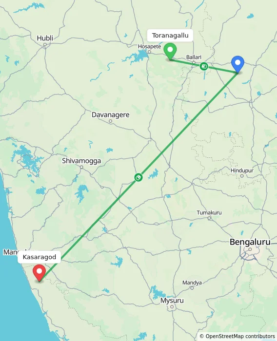 Route map showing distance and travel time from Toranagallu, India to Kasaragod, India