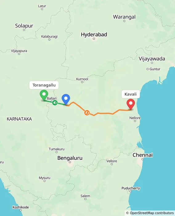 Route map showing distance and travel time from Toranagallu, India to Kavali, India