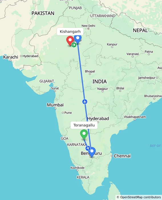 Route map showing distance and travel time from Toranagallu, India to Kishangarh, India