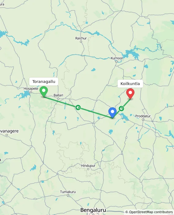 Route map showing distance and travel time from Toranagallu, India to Koilkuntla, India