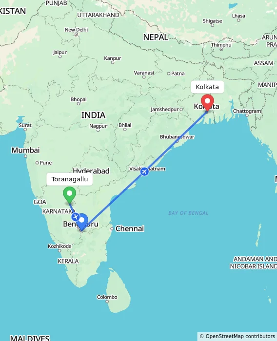 Route map showing distance and travel time from Toranagallu, India to Kolkata, India