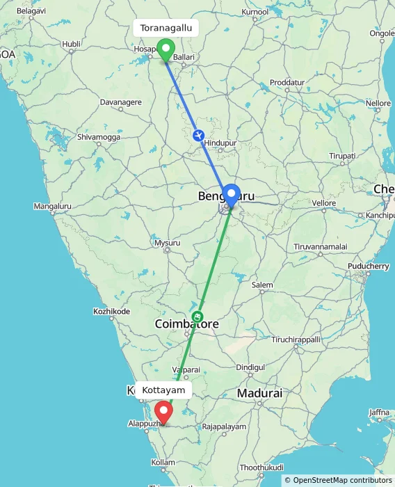 Route map showing distance and travel time from Toranagallu, India to Kottayam, India