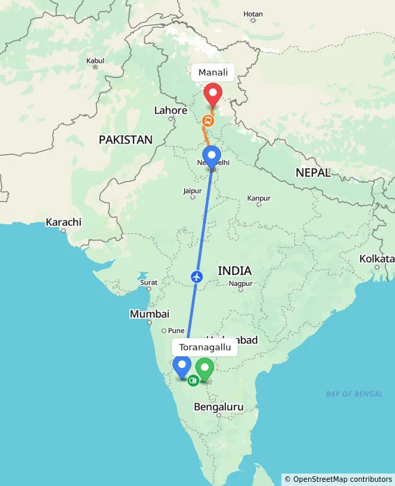 Route map showing distance and travel time from Toranagallu, India to Manali, India