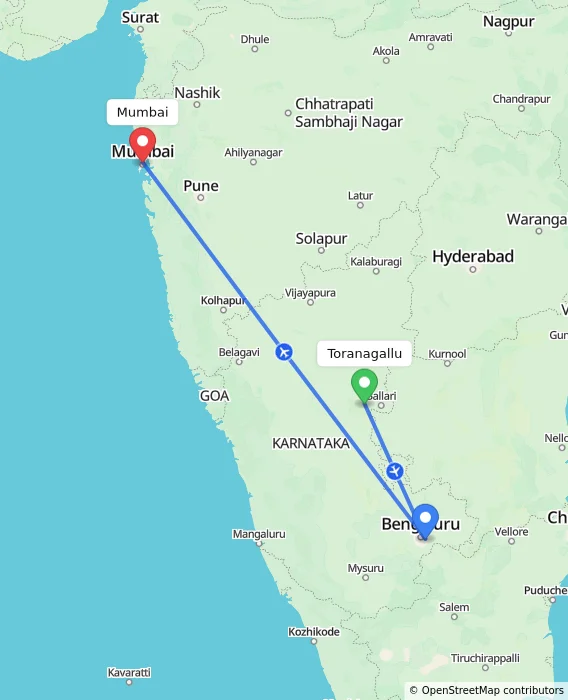 Route map showing distance and travel time from Toranagallu, India to Mumbai, India