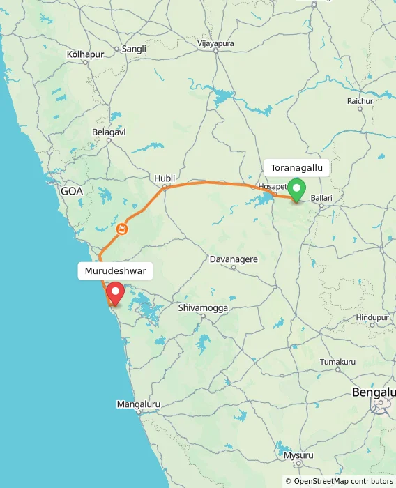 Route map showing distance and travel time from Toranagallu, India to Murudeshwar, India