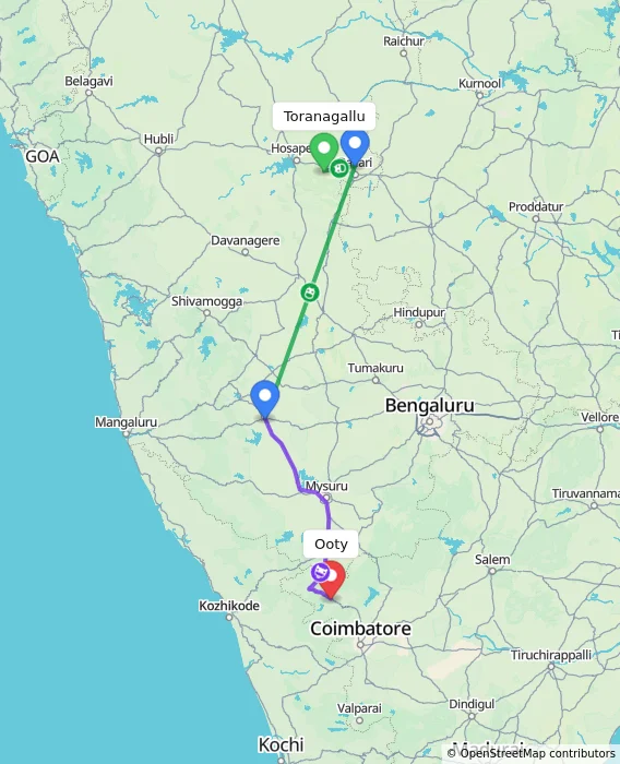 Route map showing distance and travel time from Toranagallu, India to Ooty, India