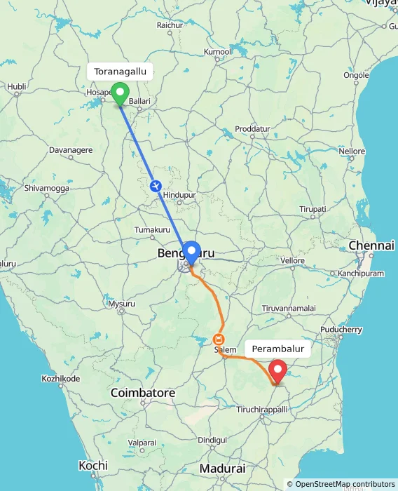Route map showing distance and travel time from Toranagallu, India to Perambalur, India