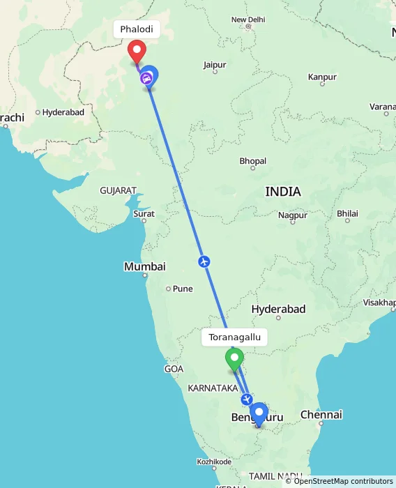 Route map showing distance and travel time from Toranagallu, India to Phalodi, India