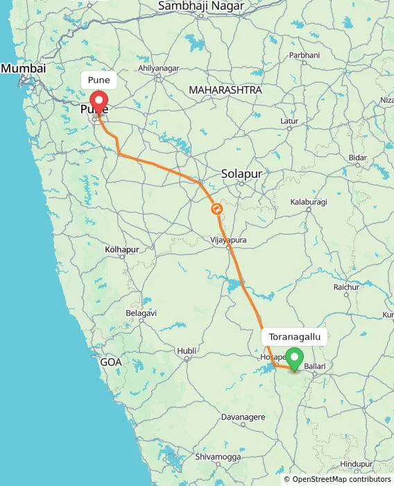 Route map showing distance and travel time from Toranagallu, India to Pune, India