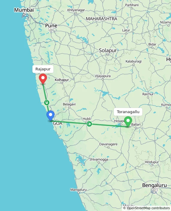 Route map showing distance and travel time from Toranagallu, India to Rajapur, India