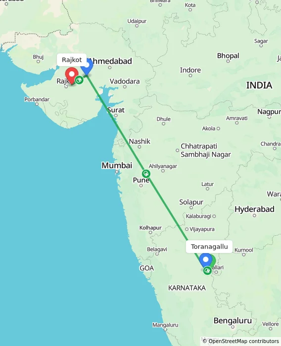 Route map showing distance and travel time from Toranagallu, India to Rajkot, India