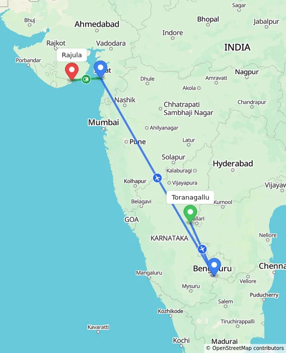 Route map showing distance and travel time from Toranagallu, India to Rajula, India