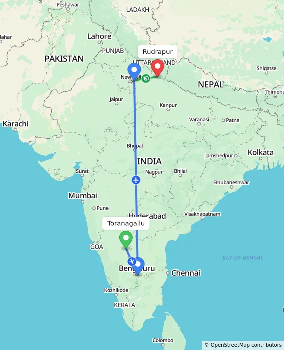 Route map showing distance and travel time from Toranagallu, India to Rudrapur, India