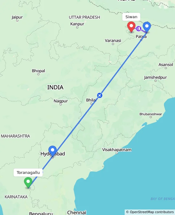 Route map showing distance and travel time from Toranagallu, India to Siwan, India