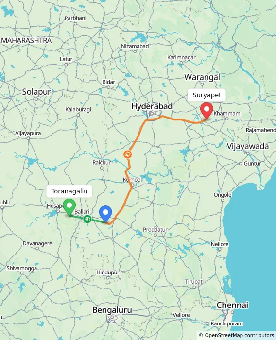 Route map showing distance and travel time from Toranagallu, India to Suryapet, India