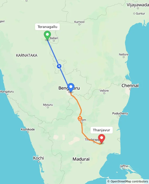Route map showing distance and travel time from Toranagallu, India to Thanjavur, India