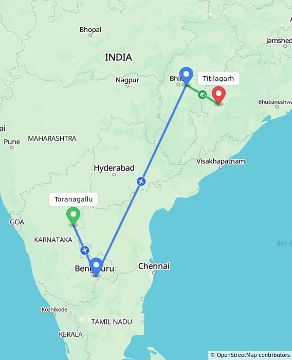 Route map showing distance and travel time from Toranagallu, India to Titilagarh, India
