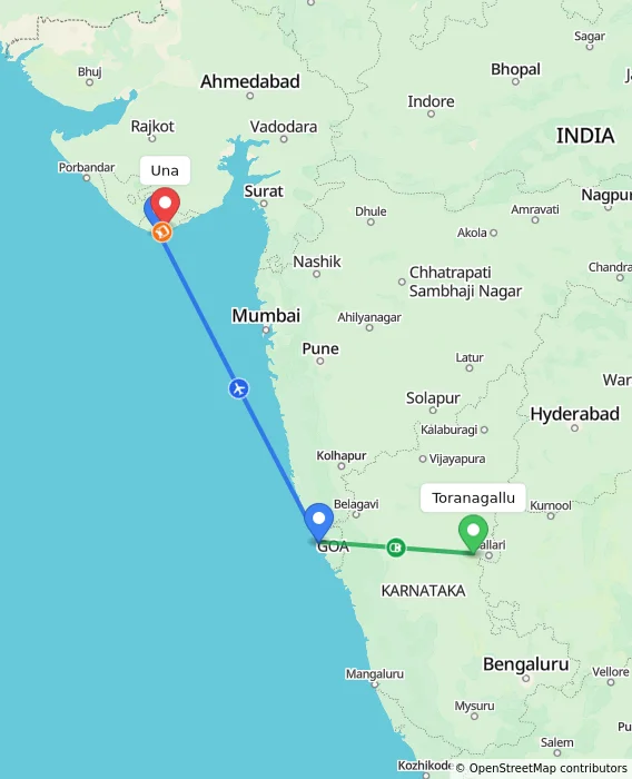 Route map showing distance and travel time from Toranagallu, India to Una, India