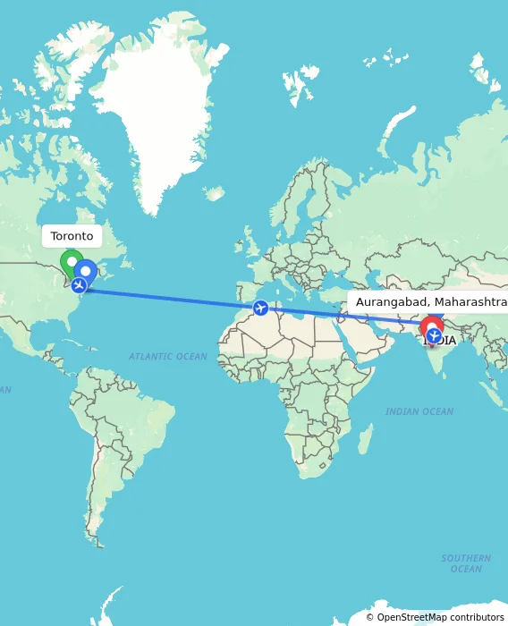 Route map showing distance and travel time from Toronto, Canada to Aurangabad, Maharashtra, India
