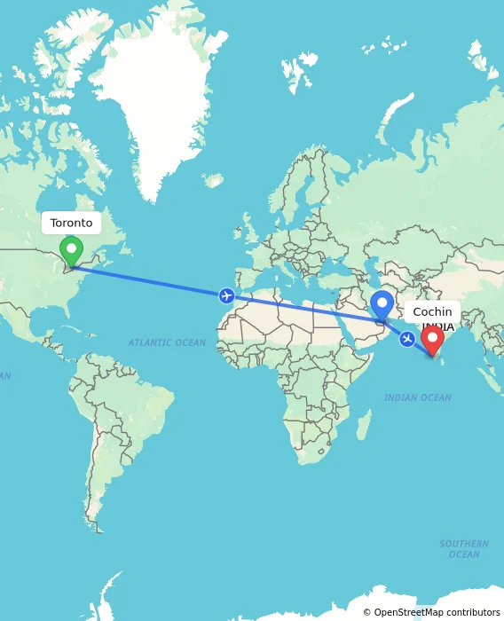 Route map showing distance and travel time from Toronto, Canada to Cochin, India