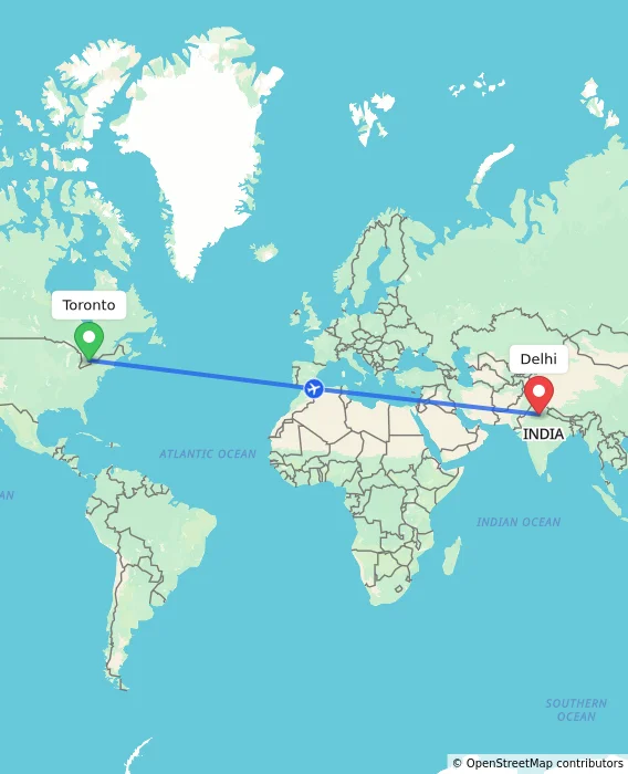 Route map showing distance and travel time from Toronto, Canada to Delhi, India