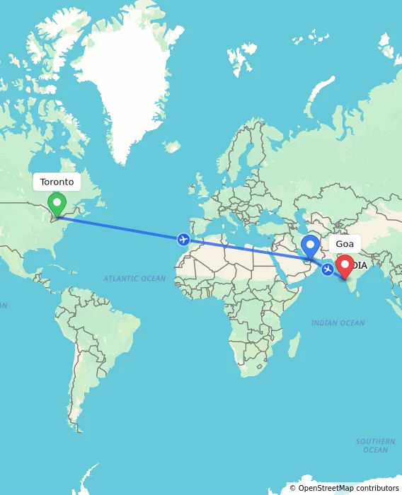Route map showing distance and travel time from Toronto, Canada to Goa, India