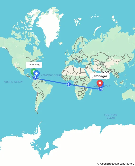 Route map showing distance and travel time from Toronto, Canada to Jamnagar, India