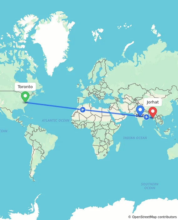 Route map showing distance and travel time from Toronto, Canada to Jorhat, India
