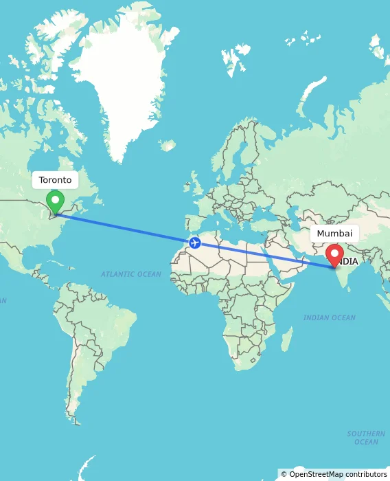 Route map showing distance and travel time from Toronto, Canada to Mumbai, India