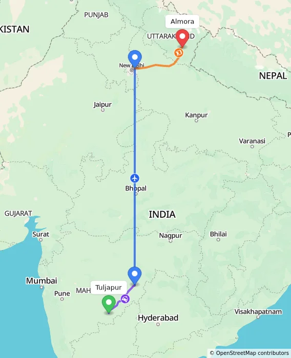 Route map showing distance and travel time from Tuljapur, India to Almora, India