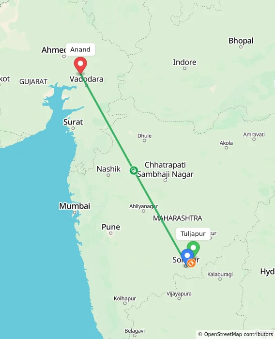 Route map showing distance and travel time from Tuljapur, India to Anand, India