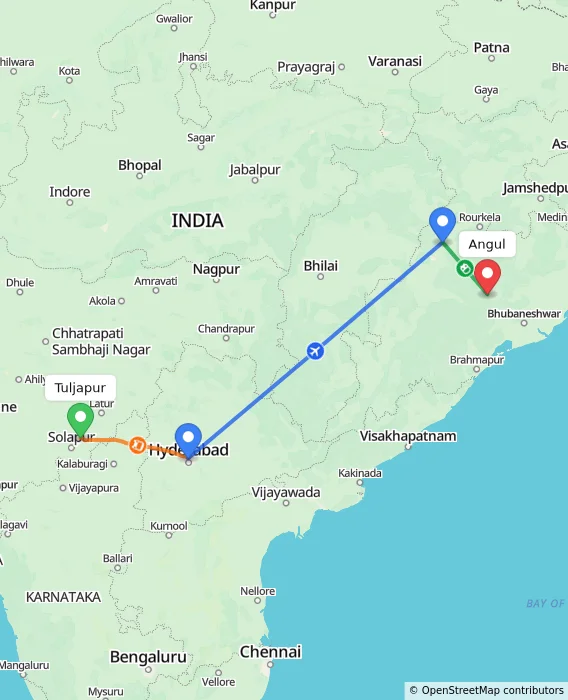 Route map showing distance and travel time from Tuljapur, India to Angul, India