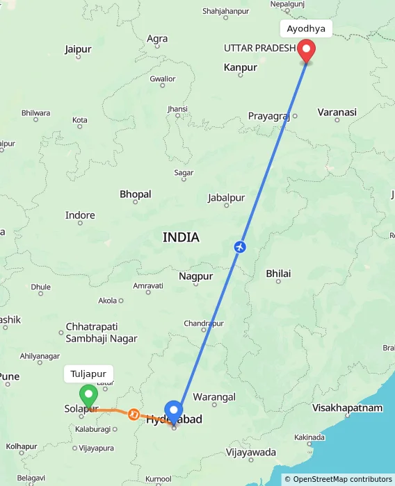 Route map showing distance and travel time from Tuljapur, India to Ayodhya, India