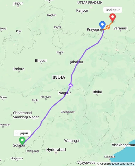 Route map showing distance and travel time from Tuljapur, India to Badlapur, India