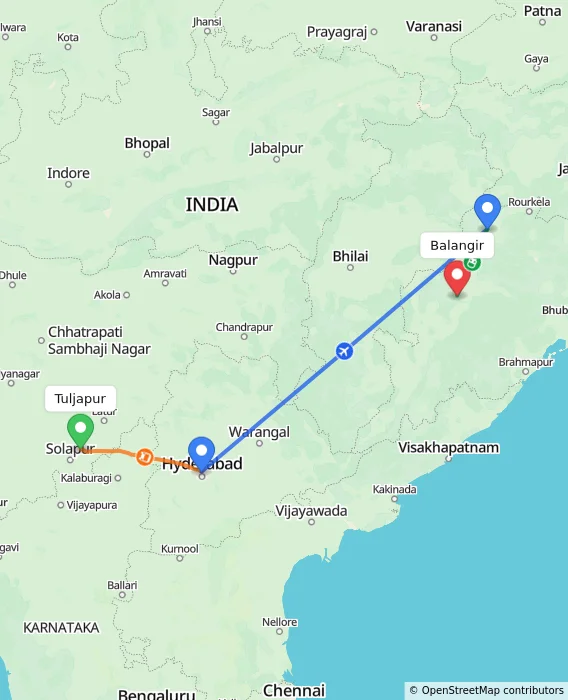 Route map showing distance and travel time from Tuljapur, India to Balangir, India