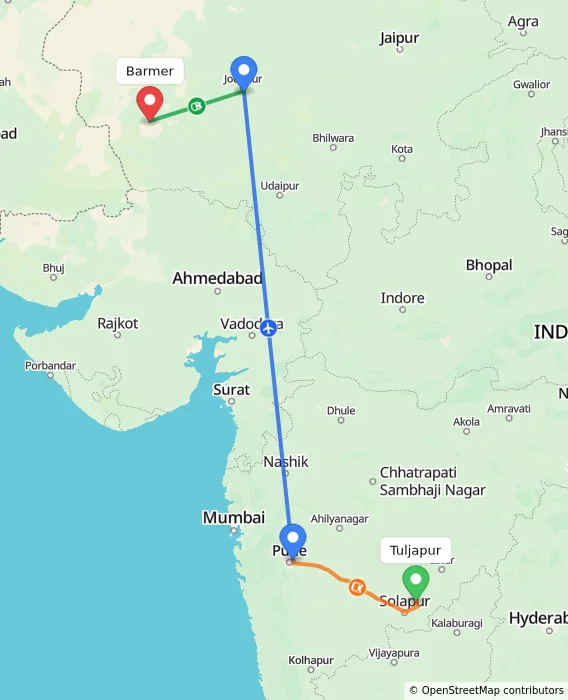 Route map showing distance and travel time from Tuljapur, India to Barmer, India