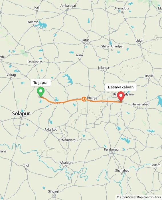 Route map showing distance and travel time from Tuljapur, India to Basavakalyan, India