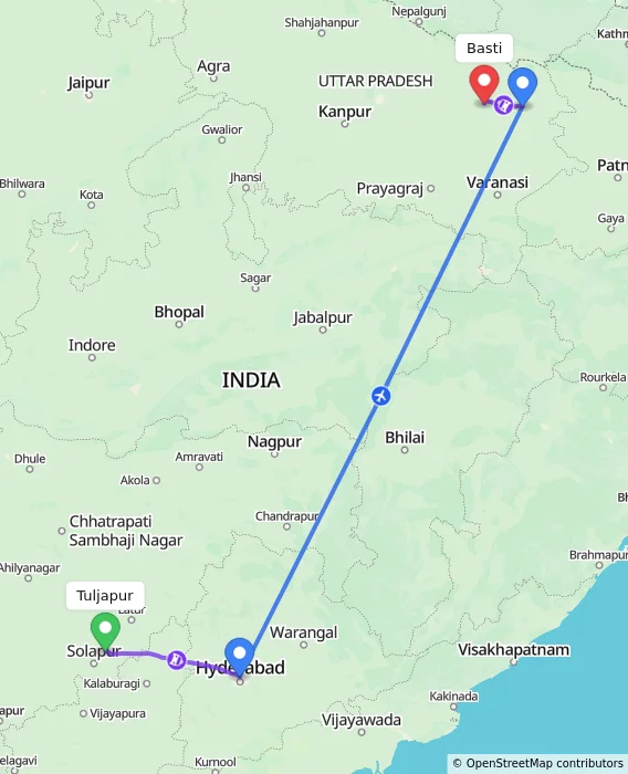 Route map showing distance and travel time from Tuljapur, India to Basti, India