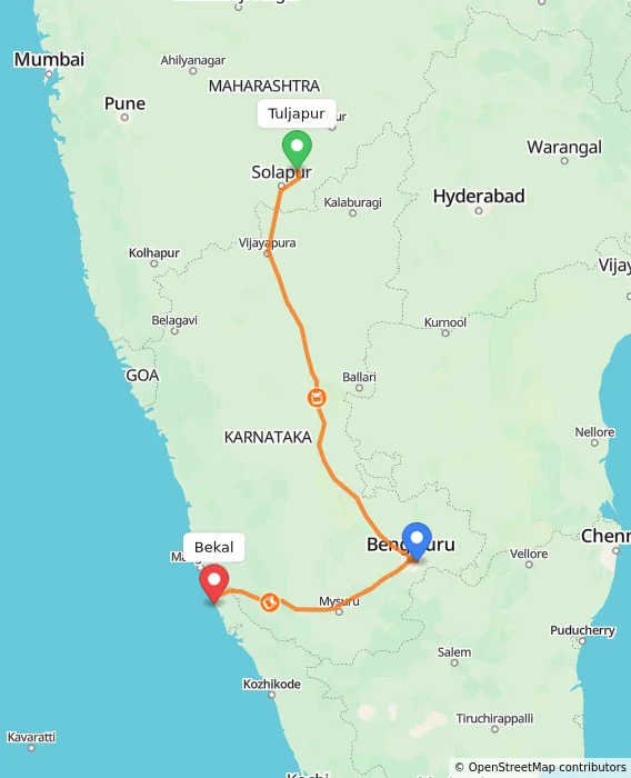 Route map showing distance and travel time from Tuljapur, India to Bekal, India