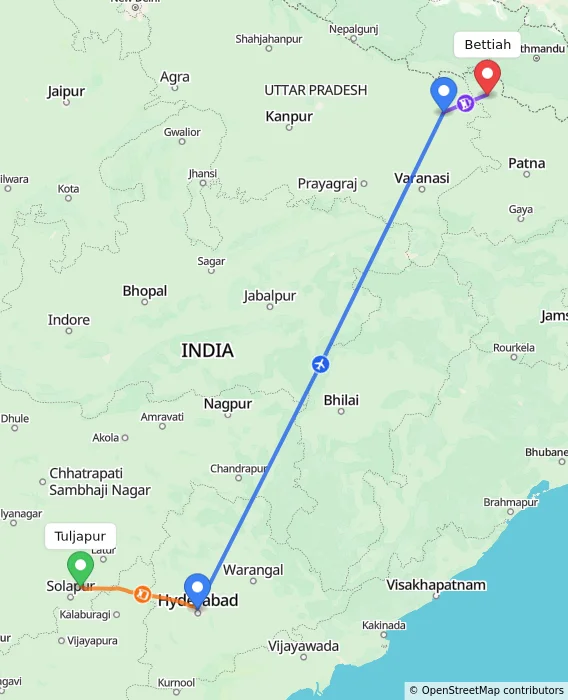 Route map showing distance and travel time from Tuljapur, India to Bettiah, India